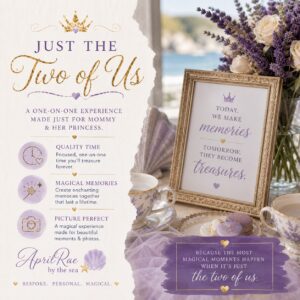 Purple tea party arrangement with framed sign