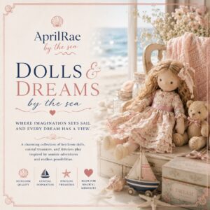 Heirloom rag doll beside teddy and toy sailboat