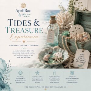 Seaside treasure display with shells and sea glass