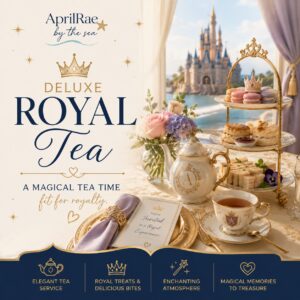 Elegant royal tea setting with castle view